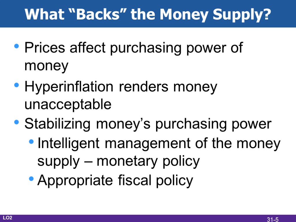 What “Backs” the Money Supply? Prices affect purchasing power of money Hyperinflation renders money